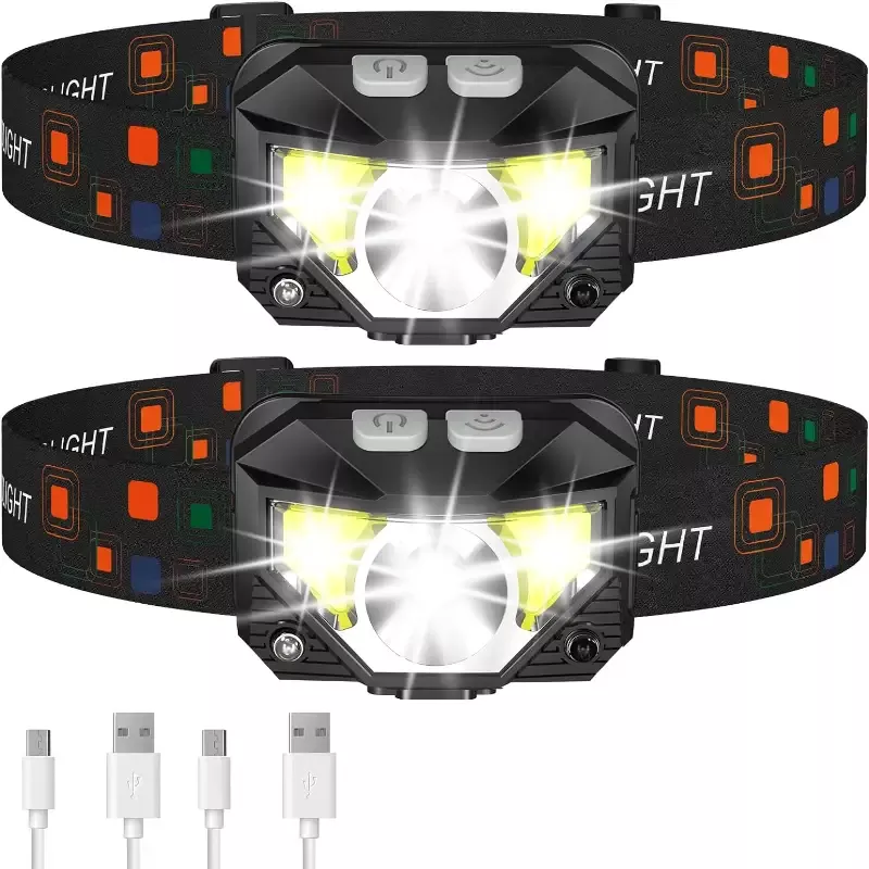 Headlamp Flashlight Lumen Ultra-Light Bright LED Rechargeable Headlight with White Red Light 2-Pack Waterproof Motion Sensor Head Lamp 8 Modes for Outdoor Camping Running Hiking Fishing