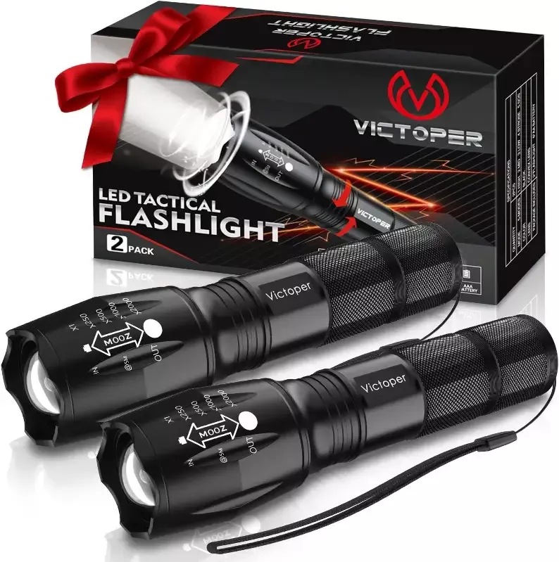 LED Flashlight 2 Pack Bright Tactical Torch High Lumens with 5 Modes Waterproof Zoomable Flash Light Christmas Stocking Stuffers Gifts for Men Hunting Camping Essentials Gear