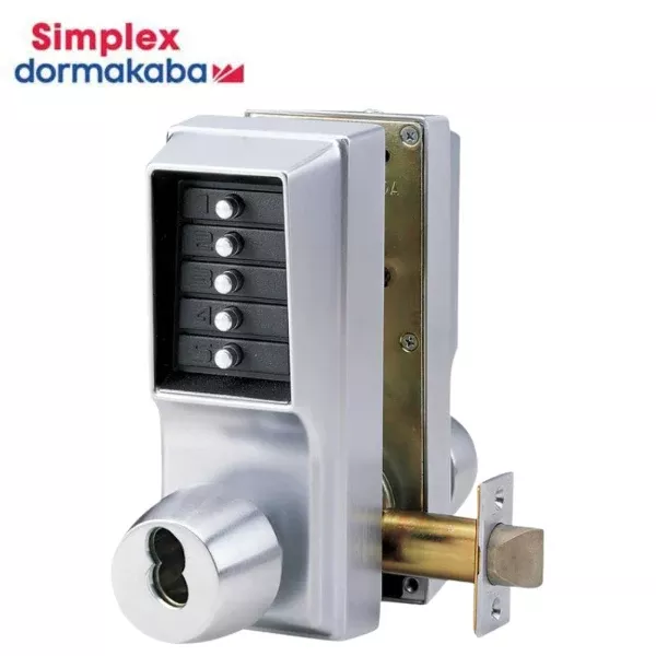 Simplex - EE1021B - EE1011 - Cylindrical Knob Lock - Combination or Key Override Entry - Combination Exit Only - 2¾" Backset - 1/2" Throw Latch - Satin Chrome 626/US26D Finish