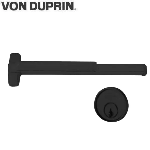 Von Duprin - 9947 Series - Concealed Vertical Rod Exit Bar - Wide Stile Pushpad - 36" Device - 80" to 100" Door Height - Night Latch Function - Less Dogging - 315/335 Black Anodized Aluminum Finish - Field Reversible - Grade 1